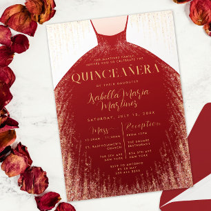 Elegant Red Gold Glitter Dress Quinceañera  Invitation