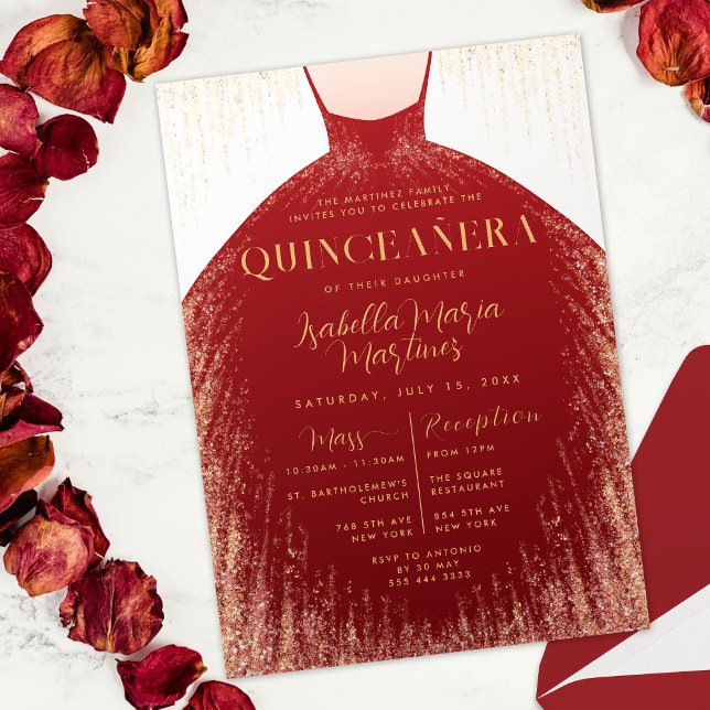 Elegant Red Gold Glitter Dress Quinceañera  Invitation (Elegant Red Gold Glitter Dress Quinceañera Invitation)