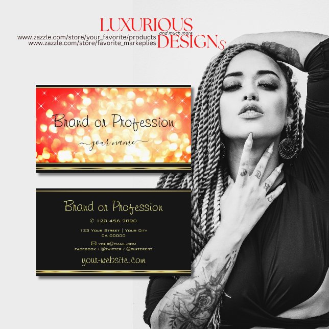 Elegant Red Gold Glitter Luminous Stars Black Business Card (Creator Uploaded)