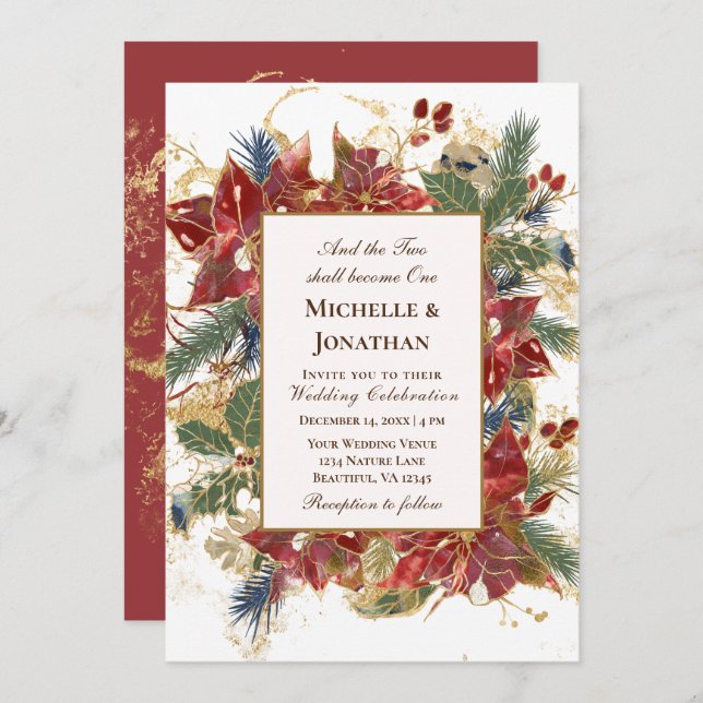 Elegant Red Gold Green Christmas Christian Wedding Invitation (Front/Back)