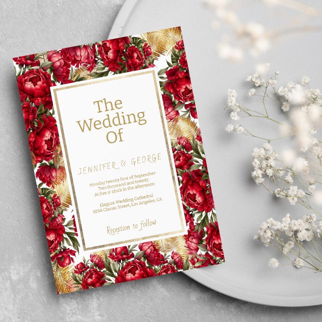 Elegant red gold green peonies floral wedding invitation (Elegant red gold green peonies floral wedding)