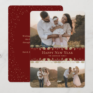 Elegant Red Gold Holly Photo Happy New Year Card