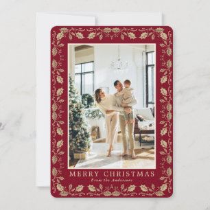 Elegant Red Gold Holly Photo Merry Christmas Card