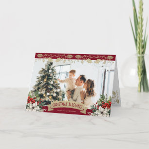 Elegant Red Gold Holly Poinsettia Photo Christian Holiday Card
