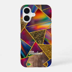 Elegant red gold holographic geometric iPhone 16 case
