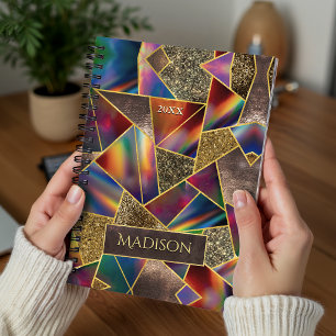 Elegant red gold holographic geometric notebook