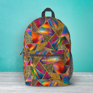 Elegant red gold holographic geometric printed backpack