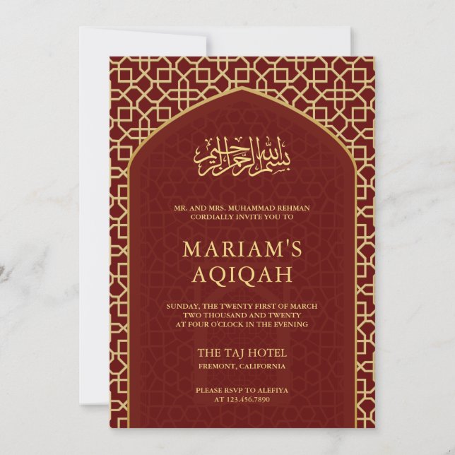 Elegant Red Gold Islamic Mihrab Aqiqah Invitation (Front)