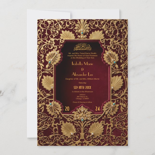 Elegant Red Gold Islamic Wedding Invitation (Front)