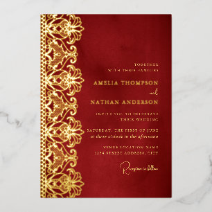 Elegant Red Gold Lace Wedding  Foil Invitation