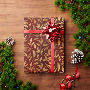 Elegant Red Gold Leaf Botanical Christmas  Wrapping Paper