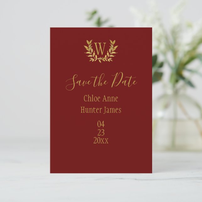 Elegant Red Gold Leaf Monogram Minimalistic Save The Date (Standing Front)