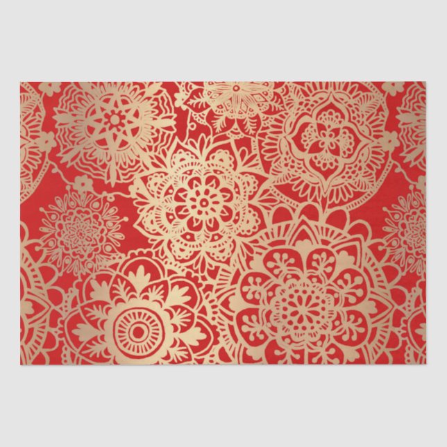 Elegant Red Gold Mandala Pattern Tissue Paper (Front)