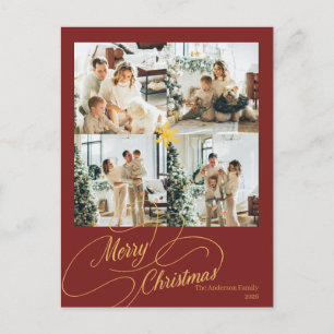 Elegant Red & Gold Merry Christmas Family Photo -  Holiday Postcard
