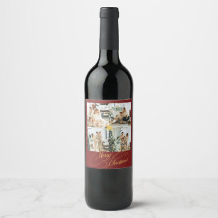 Elegant Red & Gold Merry Christmas Family Photo -  Wine Label