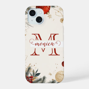 Elegant Red Gold Monogram Name Custom iPhone 15 Case