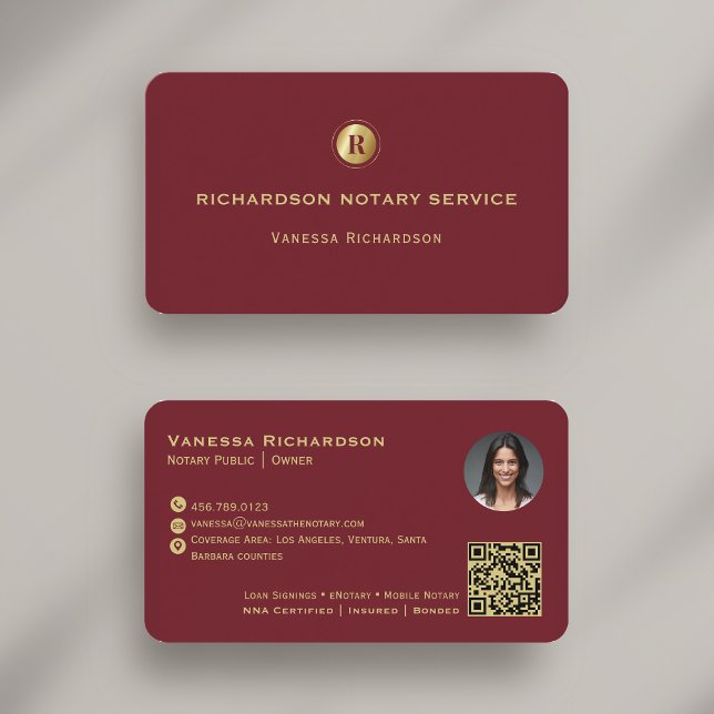 Elegant Red Gold Monogram QR Code Photo Notary  Business Card (Creator Uploaded)
