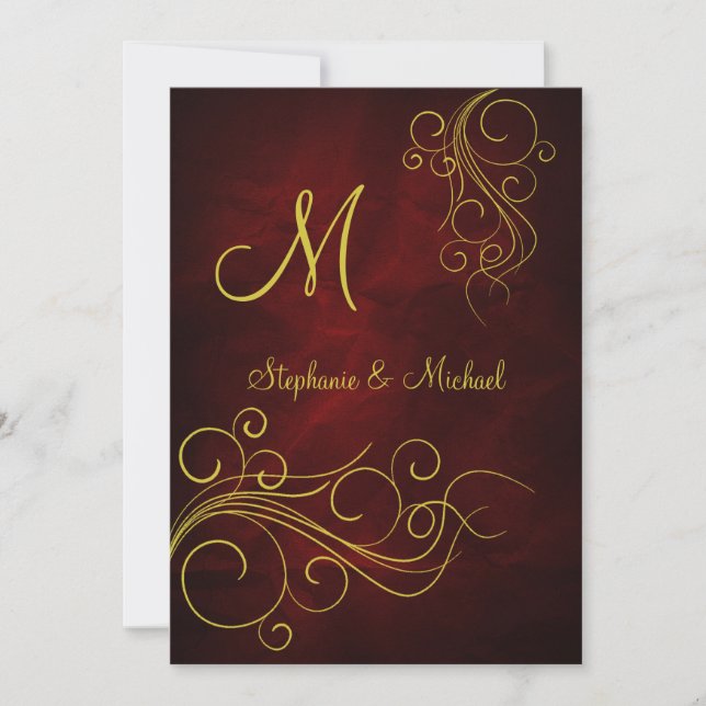 Elegant Red Gold Monogram Wedding Invitation (Front)