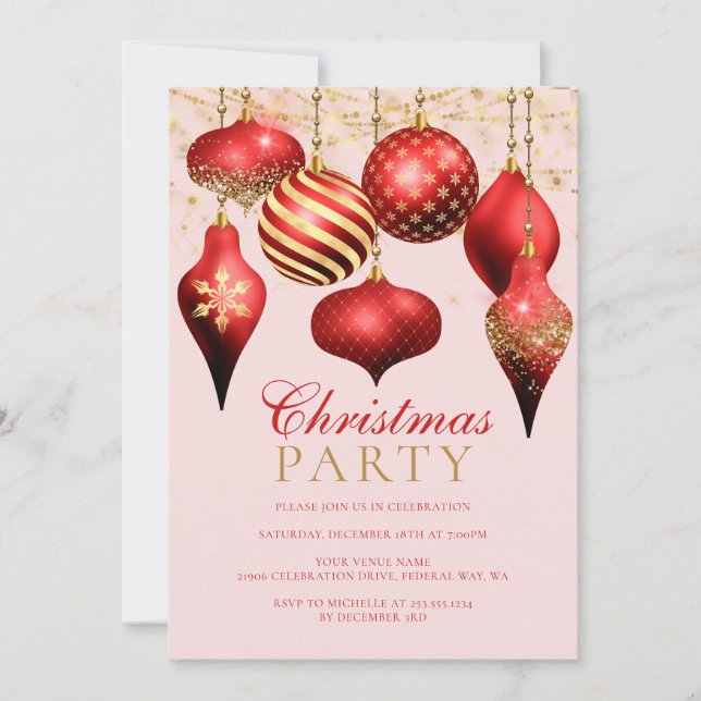Elegant Red Gold Ornaments Christmas Party Invitation (Front)