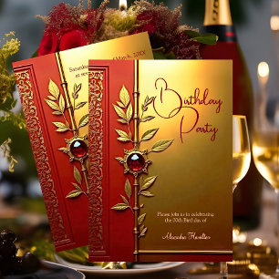 Elegant Red Gold Ornate Birthday Party Invitation