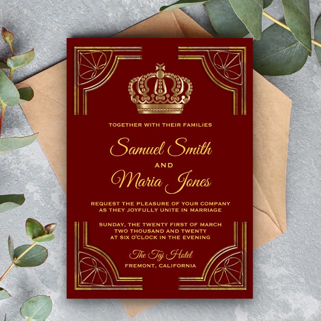 Elegant Red Gold Ornate Crown Wedding Invitation (Creator Uploaded)