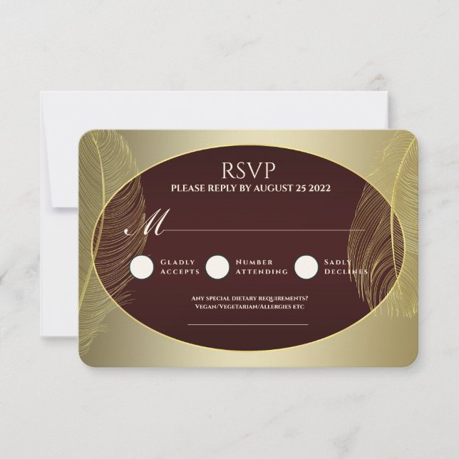 Elegant Red Gold Oval Feather RSVP Card (Front)