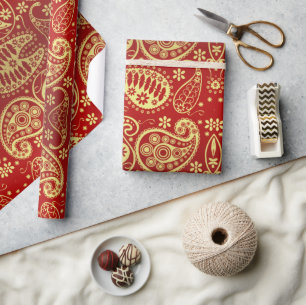 Elegant Red Gold Paisley Pattern Christmas Holiday Wrapping Paper
