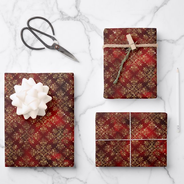 Elegant Red Gold Pattern Christmas Wrapping Paper Sheet (Front)