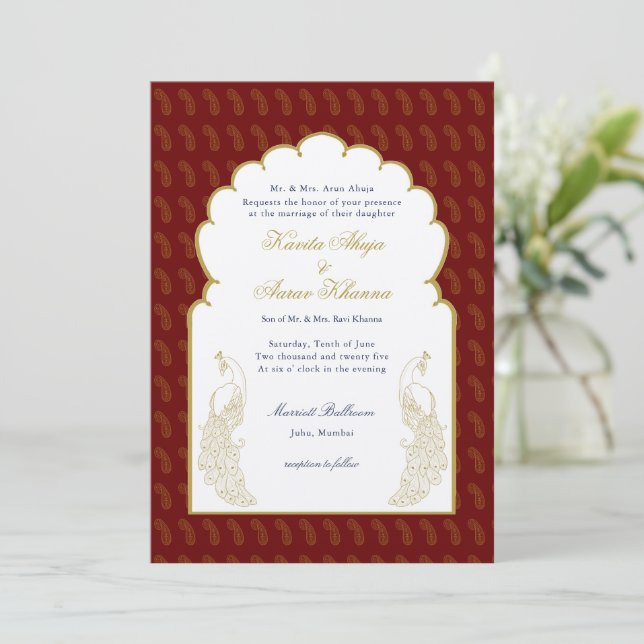 Elegant Red & Gold Peacock Indian wedding Invitation (Standing Front)
