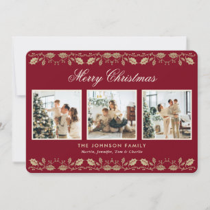 Elegant Red Gold Photo Collage Christmas Card