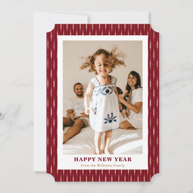 Elegant Red Gold Photo Happy New Year Card (Front)