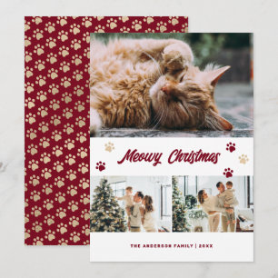 Elegant Red Gold Photo Meowy Christmas Card
