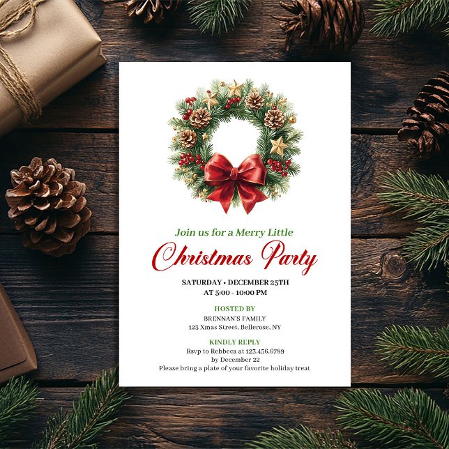 Elegant Red Gold Pine Wreath Christmas Party Invitation (Elegant Red Gold Pine Wreath Christmas Party Invitation)