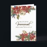 Elegant Red Gold Poinsettia Bible Verse Christmas Holiday Card<br><div class="desc">Christmas inspirational quote scripture customised greeting card depicts an elegant hand painted floral with red and gold poinsettia flowers, holly leaves, berries and evergreens. It features Bible Verse Matthew 1:23, "Behold, the virgin shall be with child, and bear a Son, and they shall call His name Immanuel, which is translated,...</div>