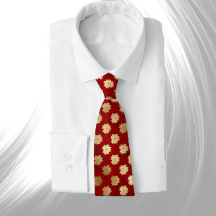 Elegant Red Gold Poinsettia Floral Christmas Tie