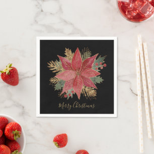Elegant Red Gold Poinsettia Flower Merry Christmas Napkin