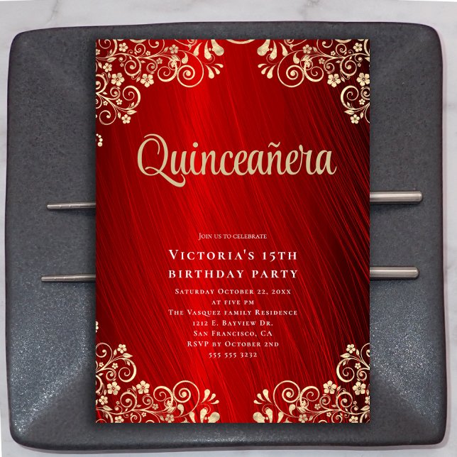 Elegant Red Gold Quinceañera 15th Birthday Party Invitation (Creator Uploaded)