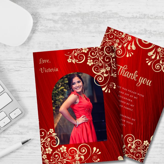 Elegant Red Gold Quinceanera Photo Thank You (Creator Uploaded)