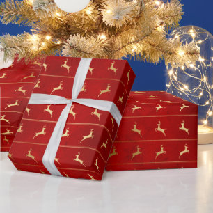 Elegant red gold reindeer stripe pattern Christmas Wrapping Paper