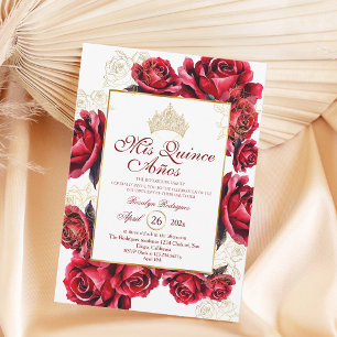Elegant Red Gold Rose Quinceañera Photo Invitation