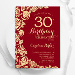 Elegant Red Gold Roses 30th Birthday Invitation<br><div class="desc">Red gold floral 30th birthday party invitation. Elegant design featuring roses,  faux gold foil and typography script font. Trendy invite card perfect for a stylish female bday celebration. Can be customised to any age. Printed Zazzle invitations or instant download digital printable template.</div>