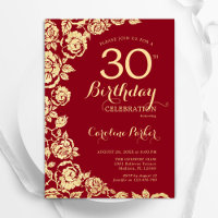 Elegant Red Gold Roses 30th Birthday
