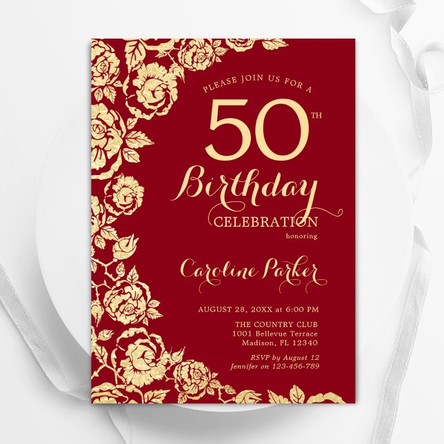 Elegant Red Gold Roses 50th Birthday Invitation (Creator Uploaded)
