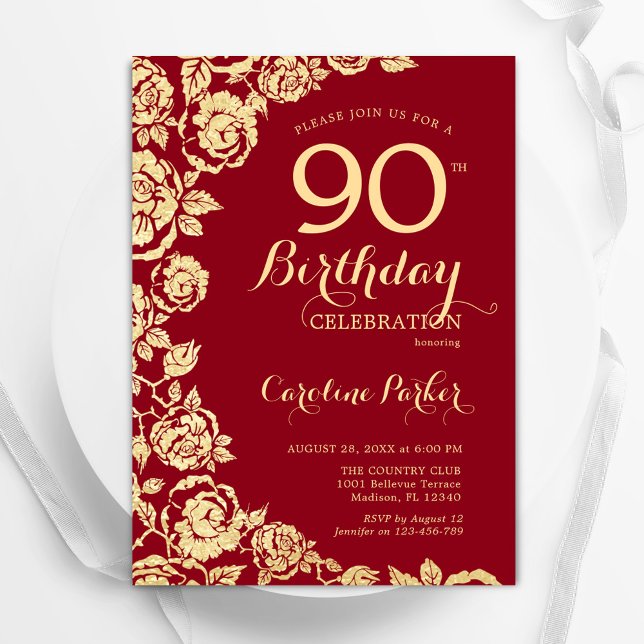 Elegant Red Gold Roses 90th Birthday Invitation (Creator Uploaded)
