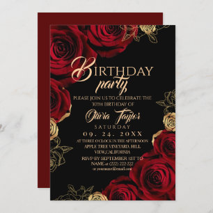 Elegant Red Gold Roses Birthday Party Invitation
