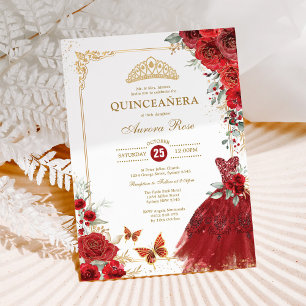 Elegant Red Gold Roses Quinceañera Princess Invitation
