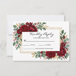 Elegant Red Gold Rustic Floral Wedding RSVP Card