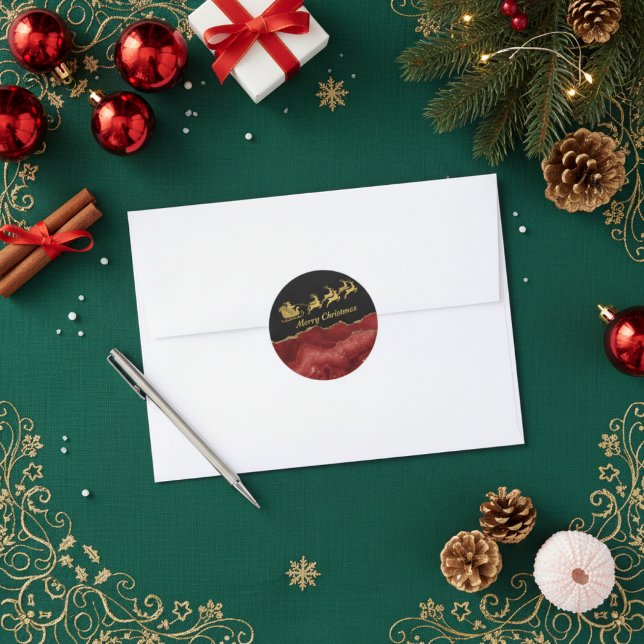 Elegant Red Gold Santa Sleigh Merry Christmas  Classic Round Sticker (Creator Uploaded)