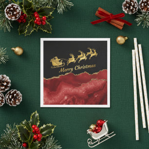 Elegant Red Gold Santa Sleigh Merry Christmas  Napkin