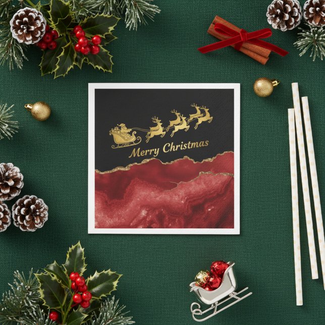 Elegant Red Gold Santa Sleigh Merry Christmas  Napkin (Creator Uploaded)